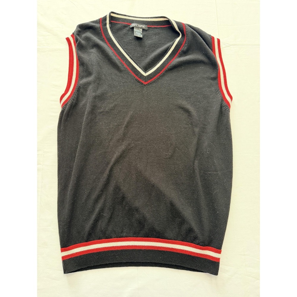 Hot Topic Sweater Vest Mens XL Black Red Stripe V Neck Knit Sleeveless Casual